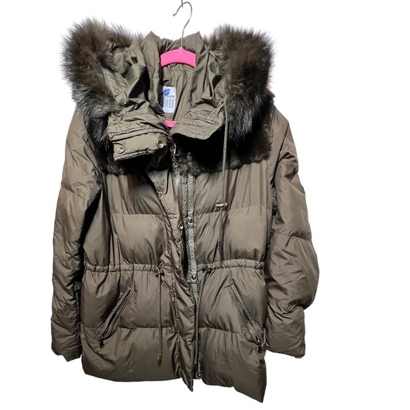 Blue Duck Puffer Coat Olive Green Down Feather Fur Trimmed Hooded Jacket - Picture 1 of 16